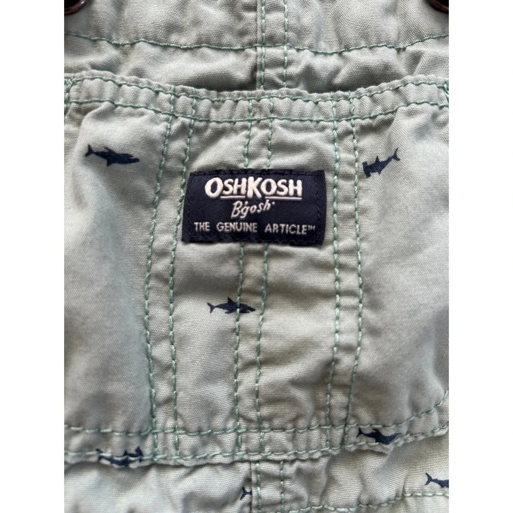 OshKosh B'gosh Toddler 2T Green Shark Print Vestbak Shortall Overalls